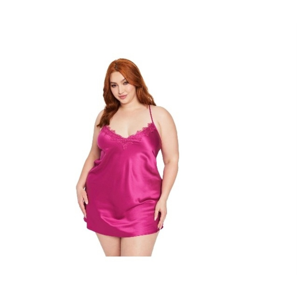 Frederick's of Hollywood Chemise Women Medium Magenta Lace Trim Satin Nightie